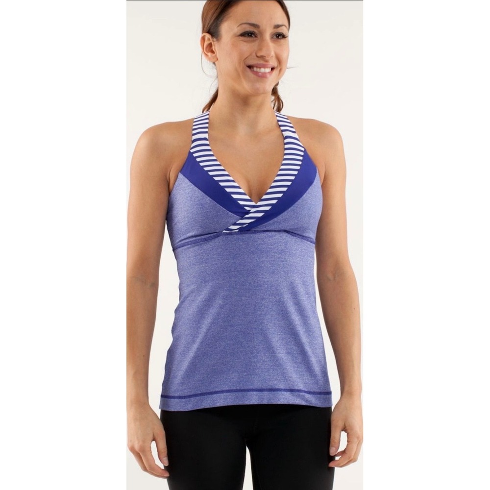 Lululemon No Limit Tank Top Blue Space Dye Striped Built-in Bra Yoga Workout 10